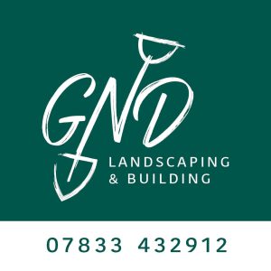 GND Landscaping & Building logo with shovel graphic and contact number 07833 432912, providing landscaping and building services in Harwich, UK