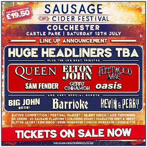 Sausage and Cider Festival Colchester 2025 promotional poster listing tribute acts, food, and entertainment details.