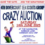 Poster for 4th Dovercourt Sea Scouts Group Crazy Auction in Harwich – 14th June 2025
