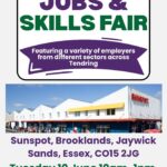 Poster for Tendring Jobs and Skills Fair at Sunspot Jaywick, 10th June 2025, showcasing event details and contact emails