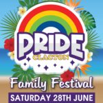 Clacton Pride Family Festival 2025 official poster with rainbow, tropical flowers and event details.