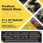 Promotional poster for Fordham Vehicle Show 2025 featuring classic cars, vintage vehicles, event date, times, location, and pricing.