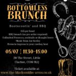 Poster for Bottomless Brunch at The Blacksmiths Arms, featuring country-western graphics, cowboy boots, guitar, and event details including date, time, location, and ticket URL.
