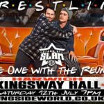 Wrestling event poster featuring two wrestlers hugging on an orange couch, parodying the Friends TV show, with bold text “The One with the Reunion – Harwich Kingsway Hall – Saturday 12th July 7PM