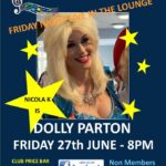 Nicola K dressed as Dolly Parton smiling in performance with text: “Friday Night Live in the Lounge – Nicola K is Dolly Parton, Friday 27th June, 8 PM – Frinton Community Centre”.