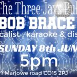 Poster for The Three Jays Pub event featuring Bob Brace, with a blue disco-themed background, silhouettes dancing, and text detailing date, time, and location.