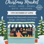 Poster for the Little Clacton Christmas Market featuring festive decorations and market details.